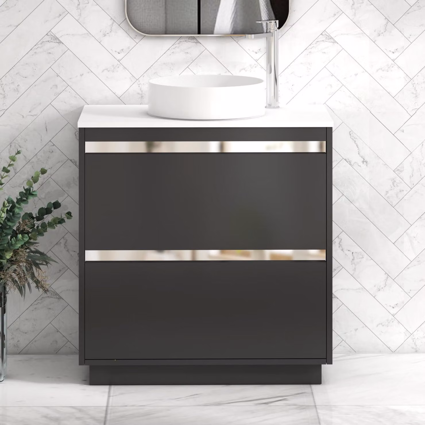 Royal Bathrooms Orion 800mm Matt Obsidian Black Floor Standing Vanity Unit with Plain White Countertop, 2 Drawers and Art Basin with Chrome Accent Trim