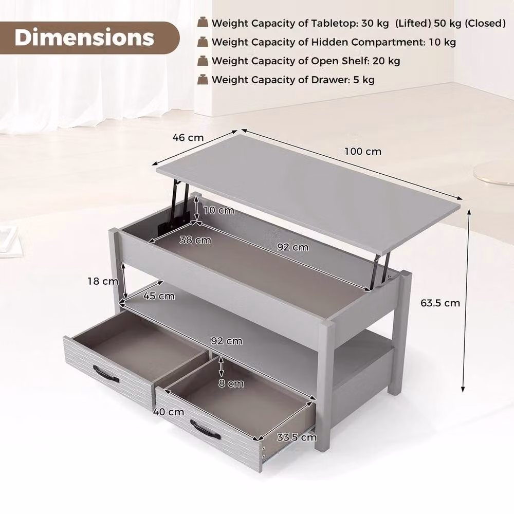 EONLION Modern Grey Rectangular Coffee Table with Lift Mechanism and Storage, Width: 100 cm – 2