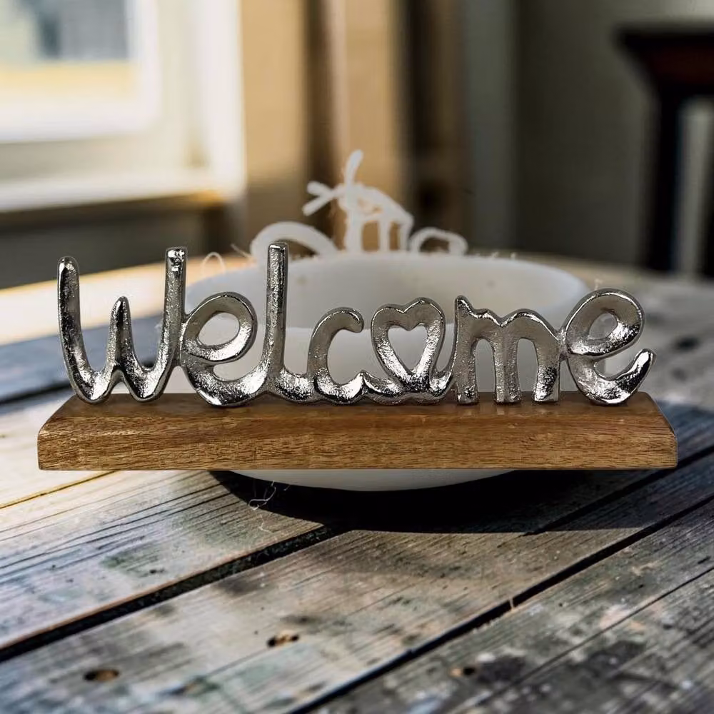 Four Candle Metal Welcome Sign with Wooden Base in Silver, W: 30 cm – 2