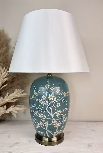 Downton Interiors Green and Gold Ceramic Table Lamp with Fabric Shade