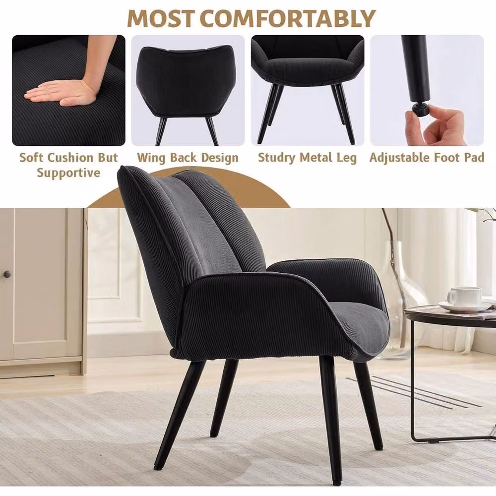 VOGREX Modern Grey Wingback Accent Armchair with Metal Legs and Armrests – 3