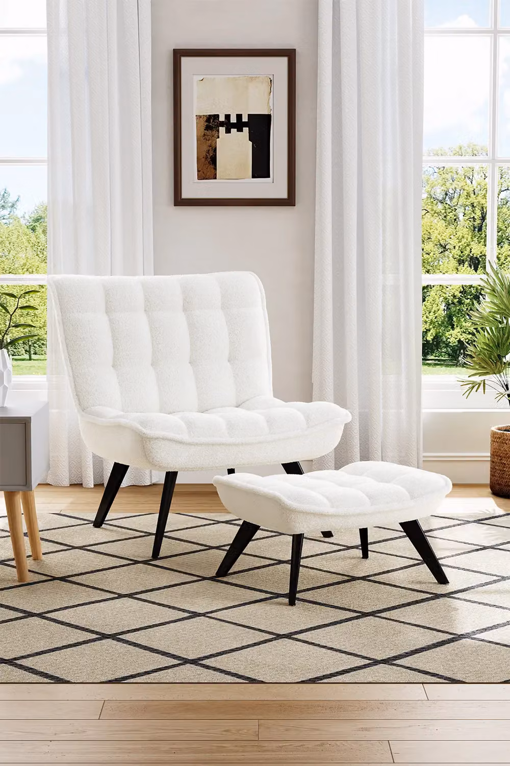 H&O Direct White Bouclé Accent Chair and Ottoman Set with Metal Frame – 2