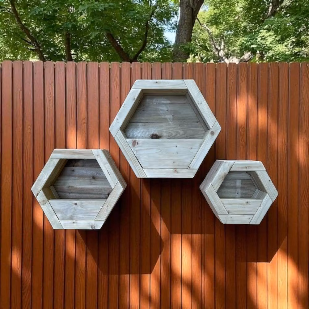 Buttercup Farm Hanging Wooden Hexagon Wall Planter Set of 3, Brown, W: 34 cm, D: 16 cm, H: 30 cm – 3