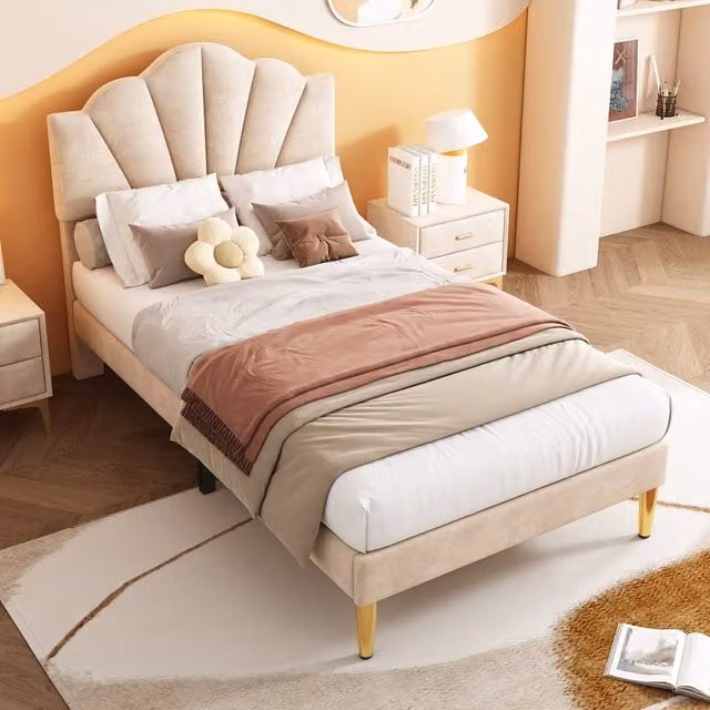 Matteo Velvet Upholstered Single Bed in Beige and Gold, 90 x 190 cm