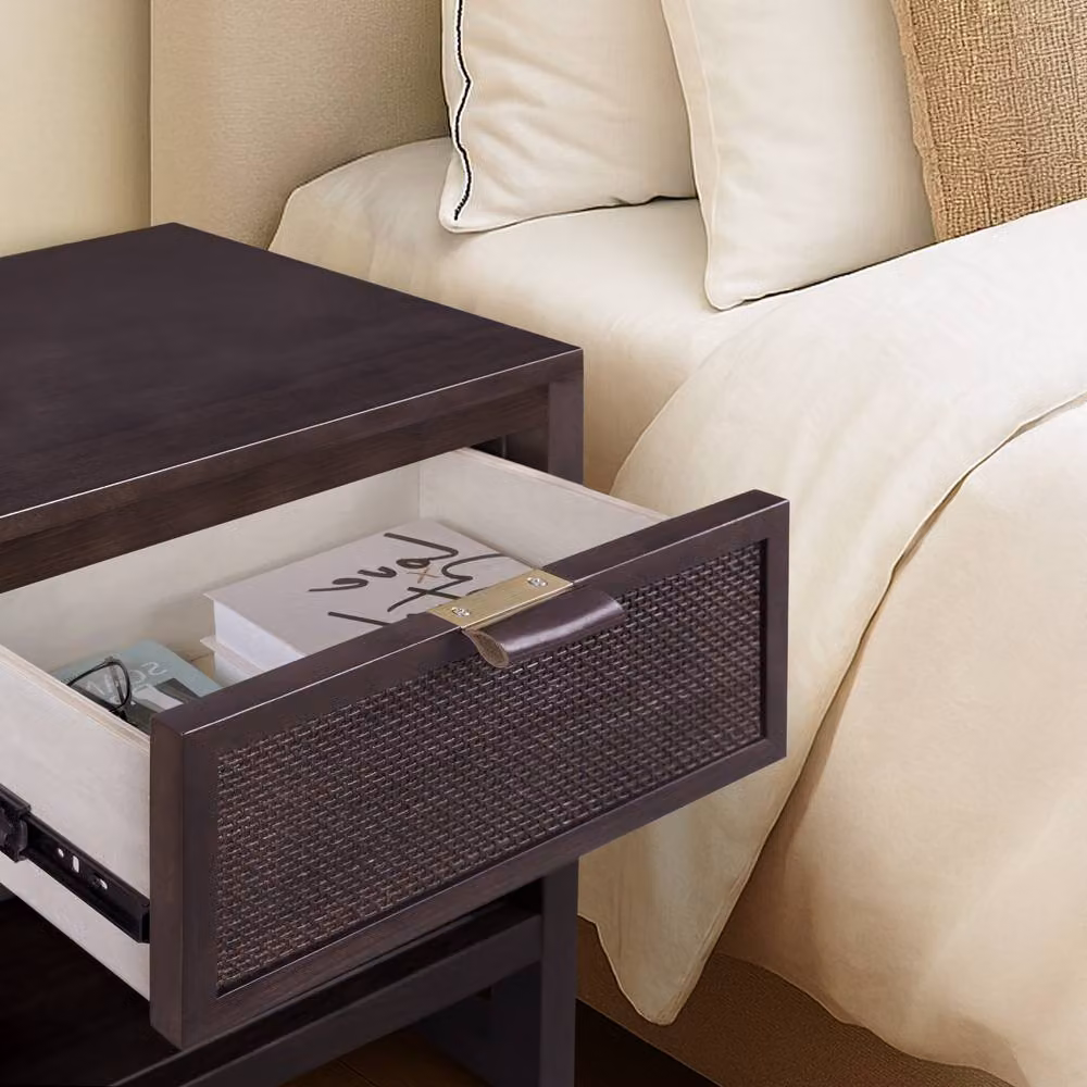 Teamson Home Hatteras Nightstand with Rattan Detail and Soft Close Drawer in Black Finish, W: 50.8 cm, D: 40.64 cm, H: 60.96 cm – 4