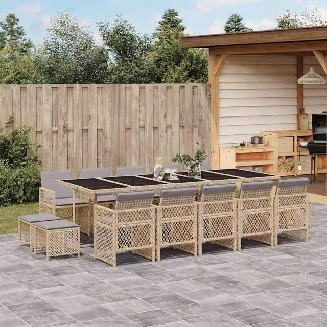 Berkfield Home 15 Piece Poly Rattan Garden Dining Set with Beige Cushions and Glass Tabletop – 1
