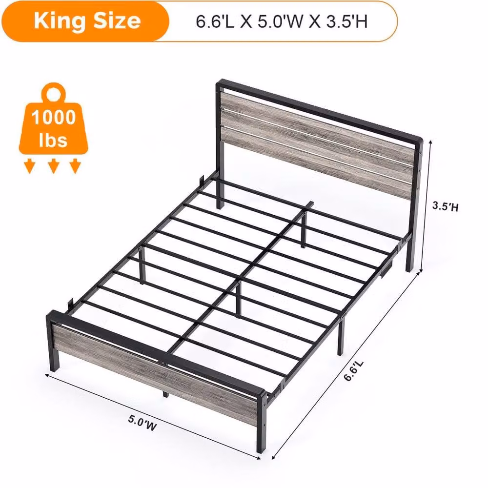 EONLION Modern Black King Bed Frame with Solid Wood Headboard, USB Charging Ports and Under-Bed Lighting, 180 x 200 cm – 2