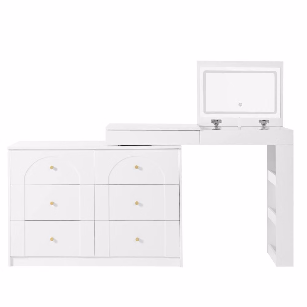 Merax L-Shaped Extendable Dressing Table with LED Flip Mirror and 7 Drawers in White and Gold – 3