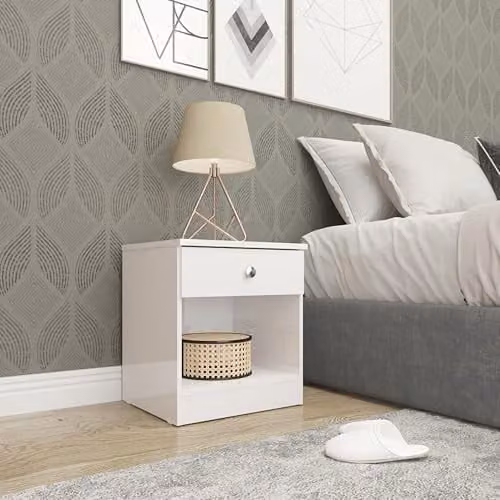 Seconique Denver 1 Drawer Bedside Table in White Gloss, W/D/H: 40 x 36 x 46 cm – 1
