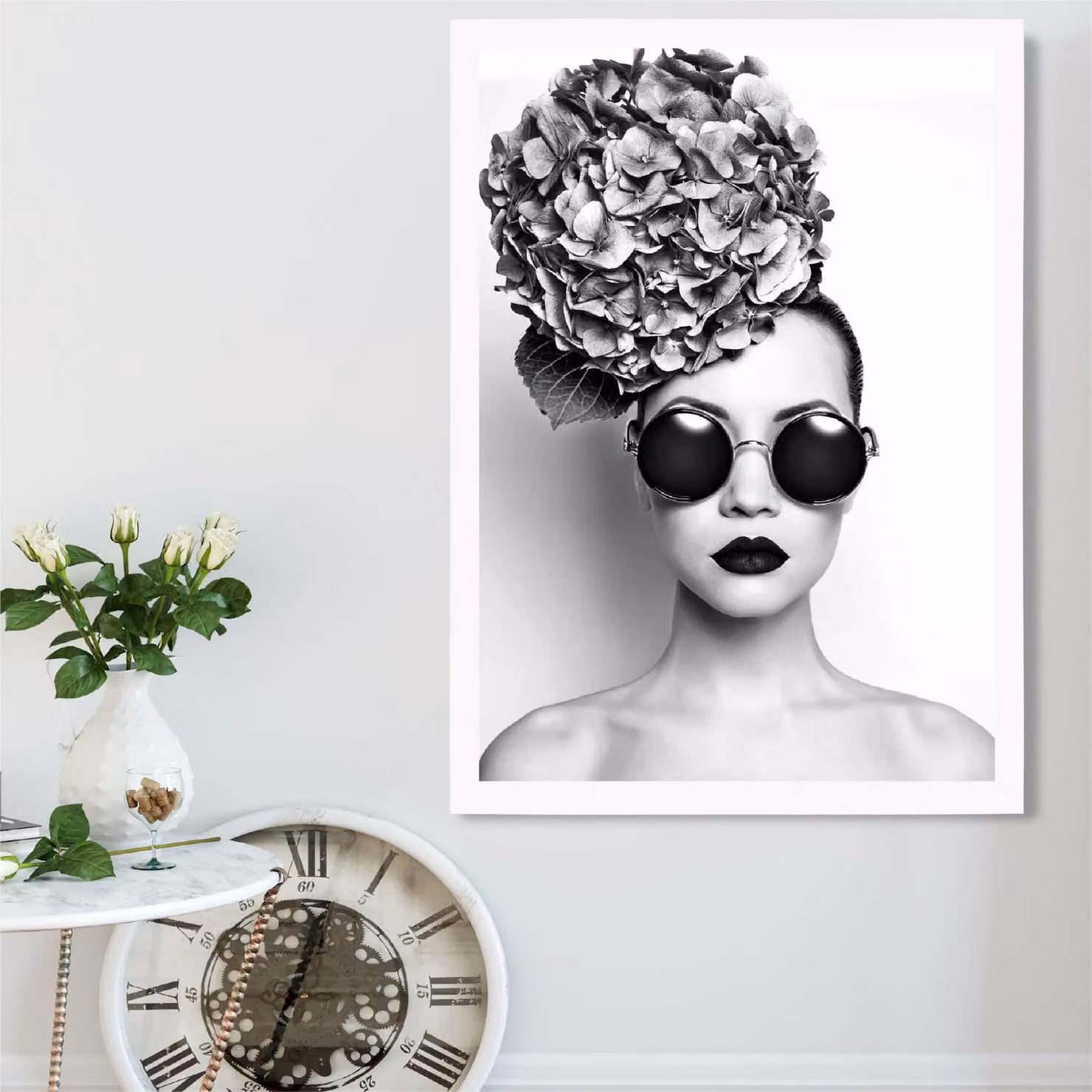 ARTZE Girl with Dark Sunglasses Black and White Framed Photo Print – 2