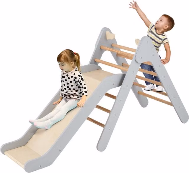 Costway 2-in-1 Triangle Climbing Frame with Slide, Grey