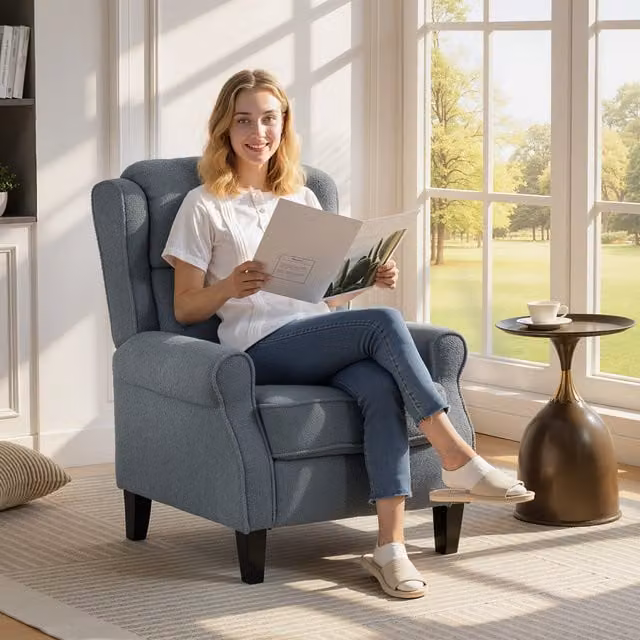 HOMCOM Grey Fabric Push Back Recliner Chair with Extended Footrest and Armrests