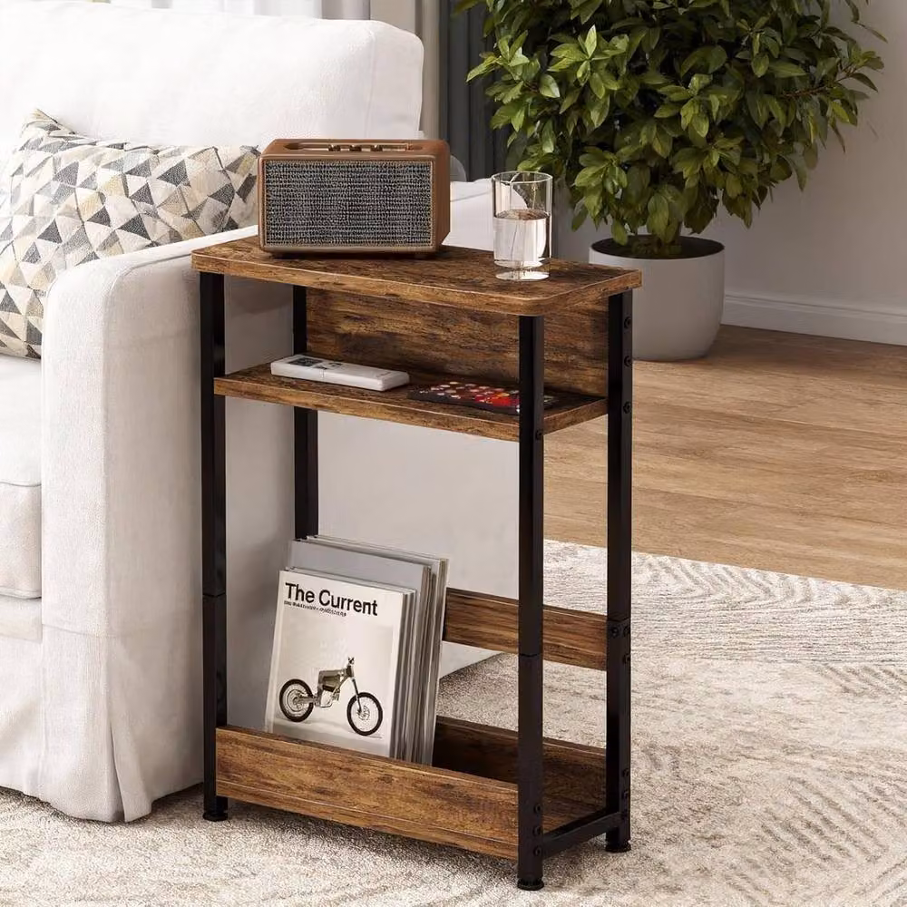 London Boutique 3-Tier Narrow Side Table with Magazine Rack in Brown and Black – 6