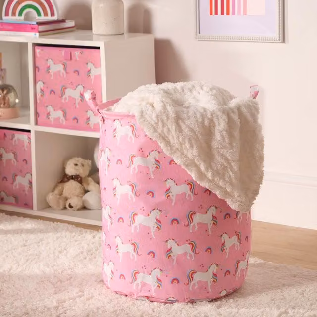 OHS Kids Pop Up Laundry Basket and Toy Organiser, Unicorn Design, Pink