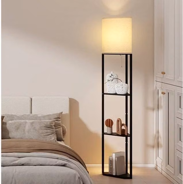 EONLION Modern Black Corner Floor Lamp with Wood and Fabric Details
