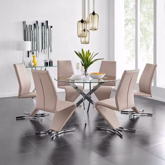 FurnitureboxUK Novara Round Glass Dining Table with 6 Willow Chairs in Cappuccino and Beige