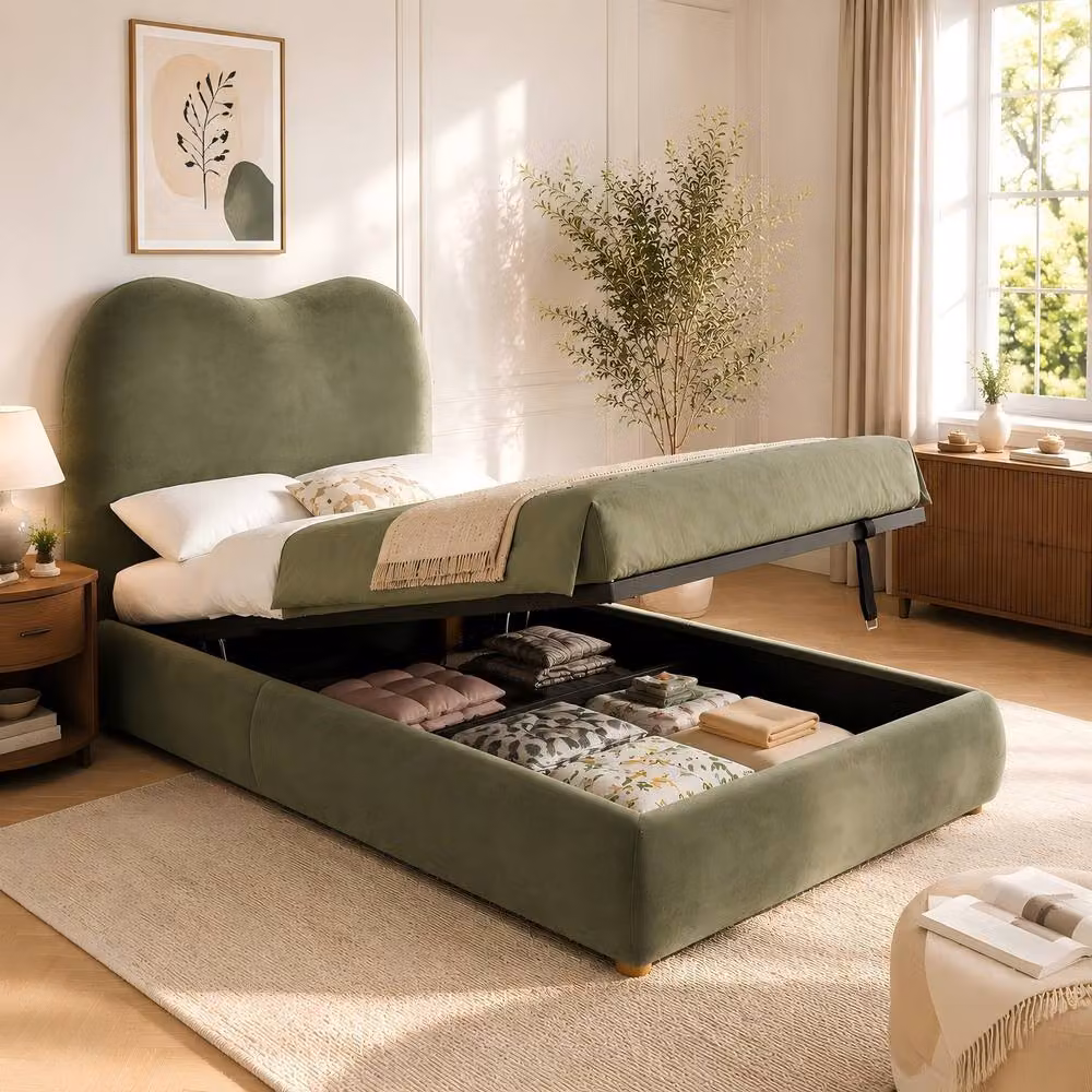 ModernLuxe Kids Single Ottoman Bed with Hydraulic Storage and Headboard in Green Velvet Fabric, W/D/H: 90 x 190 cm – 2