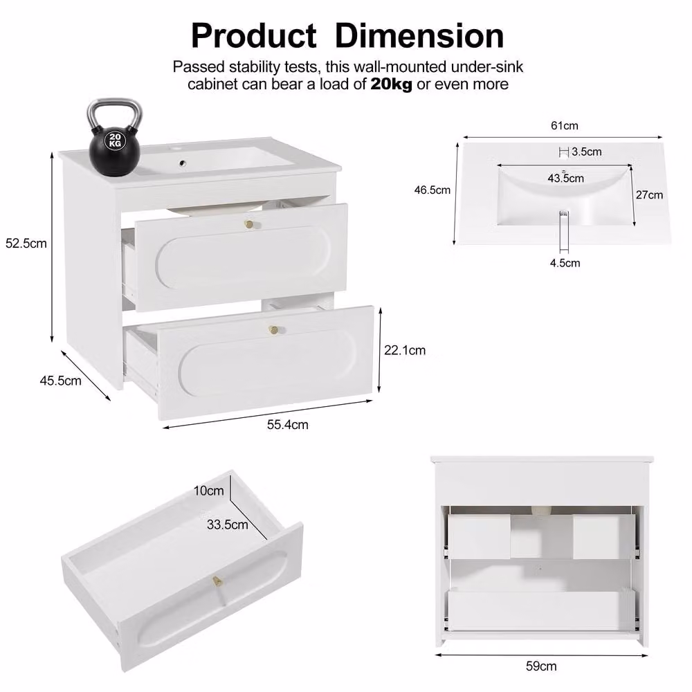 KEEPREAPER Wall Mounted White Glossy Bathroom Cabinet with Basin and 2 Soft-Close Drawers – 2