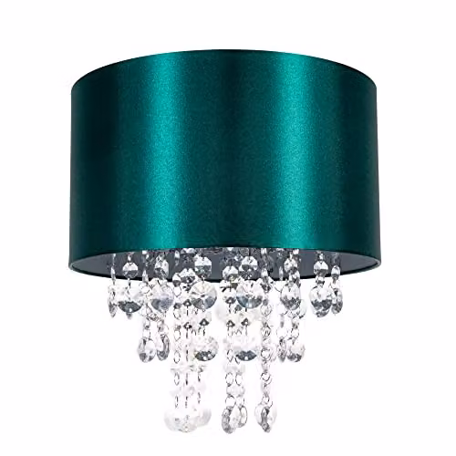 Happy Homewares Modern Round Satin Fabric Pendant Light Shade in Green with Transparent Droplets, Diameter: 30 cm