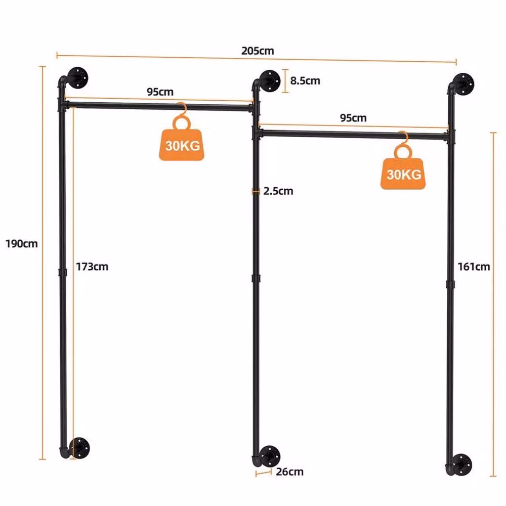 Havendro XX-Large Industrial Wall Mounted Pipe Clothes Rack in Matt Black, W/D/H: 205 x 30 x 190 cm – 2