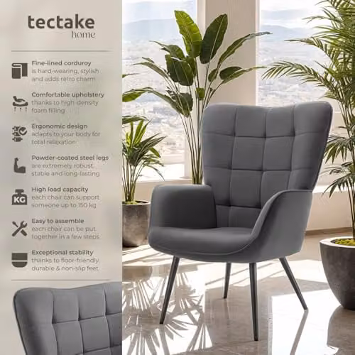 tectake Scandinavian Style Corduroy Armchair with Foam Padding and Steel Legs in Anthracite/Black, W: 76 cm, D: 72 cm, H: 100.5 cm – 4