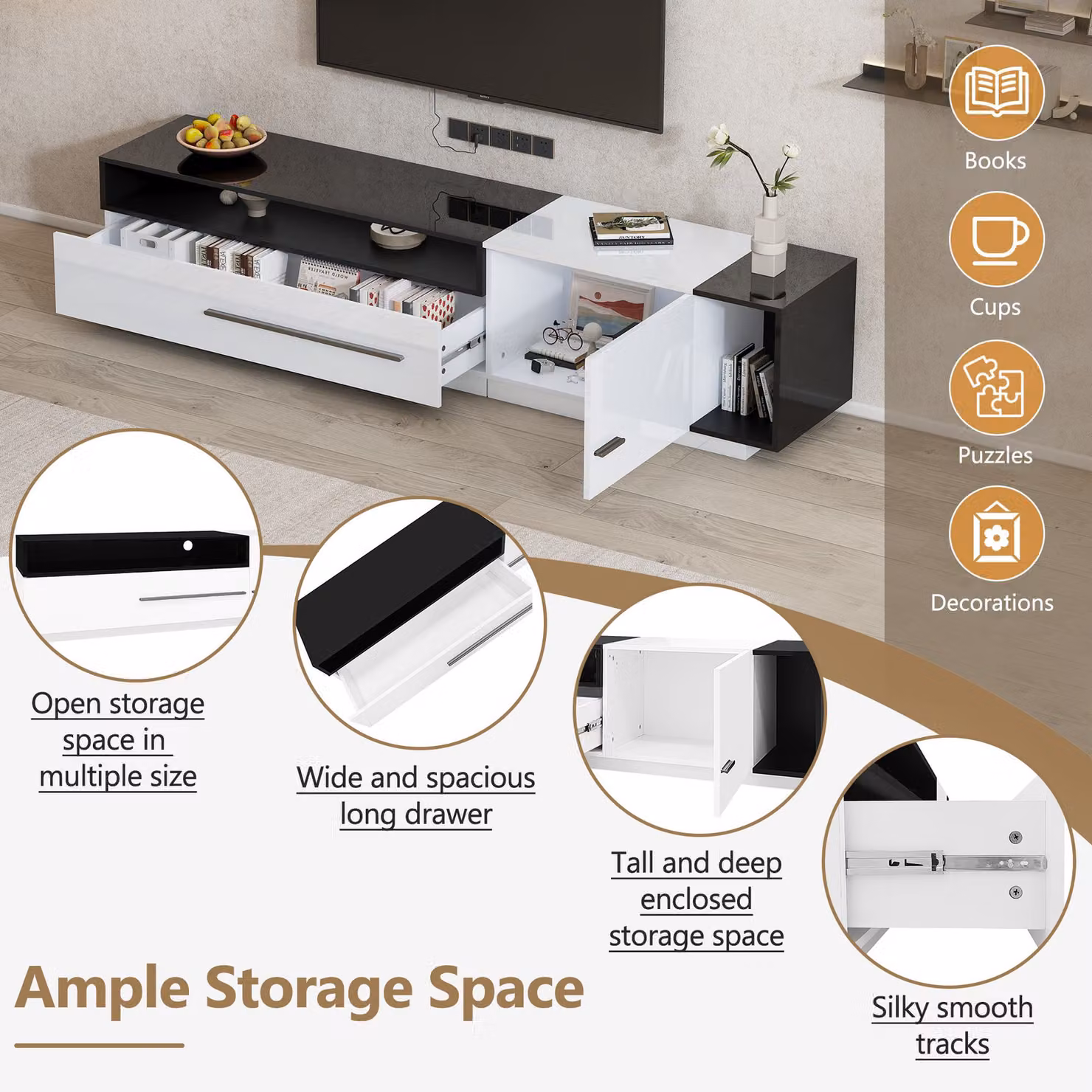 Aosom UK Modern TV Unit with Storage and Waterproof Scratch-resistant Surface, White and Black – 5