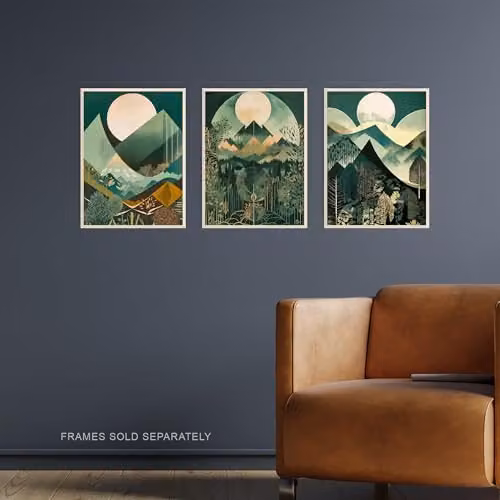 Artery8 Set of 3 A4 Geometric Forest and Mountain Landscape Boho Art Deco Paper Poster Prints in Tan, Petrol and Green – 2