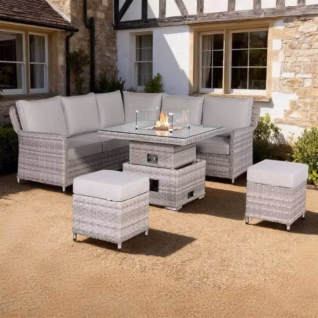 Furnishings For Less UK Rattan Garden Corner Sofa Set with Rising Fire Pit Table in Grey – 1