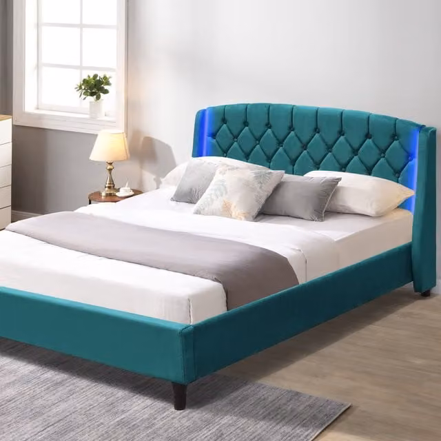 Comfy Living Upholstered Fabric Bedframe with LED Headboard in Green, King Size (W: 150 cm, H: 214 cm, D: 200 cm)