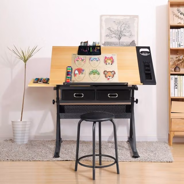 Yaheetech Adjustable Drafting Table and Stool Set in Brown and Yellow Wood
