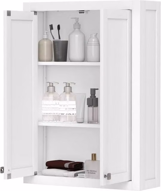 PAWNORA White Wall Mounted Bathroom Storage Cabinet with Hinged Doors and Adjustable Internal Shelves