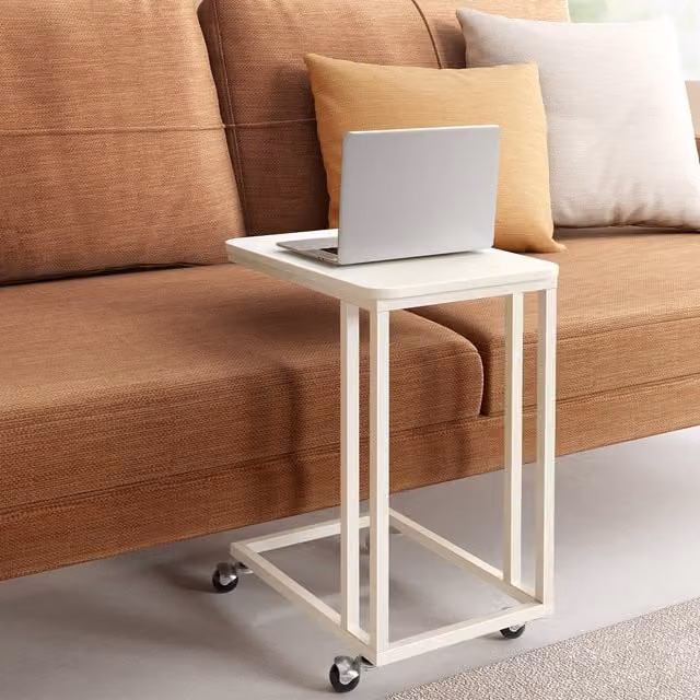 VASAGLE Modern White Square Side Table with Steel Frame and Castors
