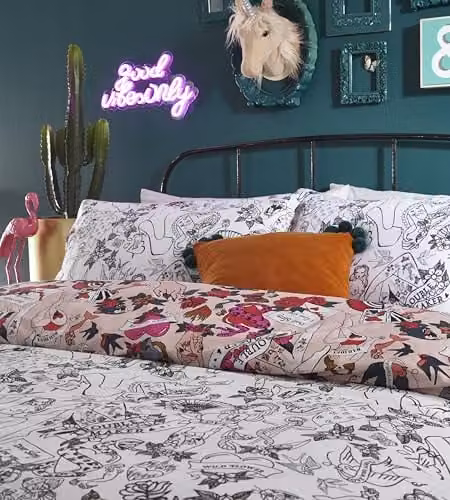 Furn Inked Tattoo Inspired Reversible Polycotton Duvet Cover Set, Pink, 200 x 200 cm – 2