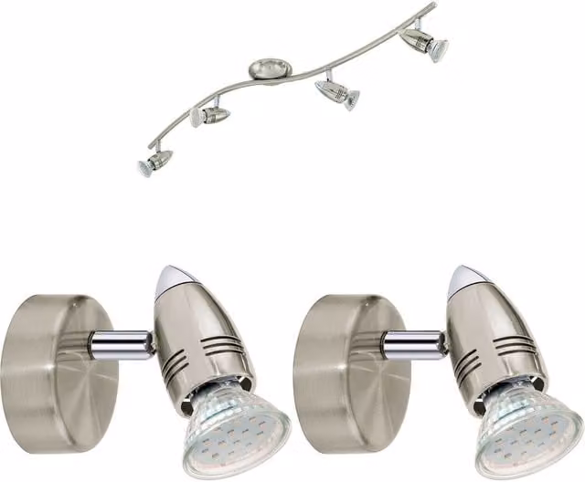 Loops Quad Ceiling Spotlight and 2x Matching Wall Lights in Satin Nickel with Adjustable Heads