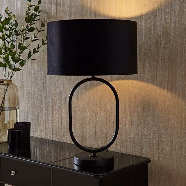 ValueLights Antonia Art Deco Oval Table Lamp with Black Velvet Drum Shade and LED Bulb