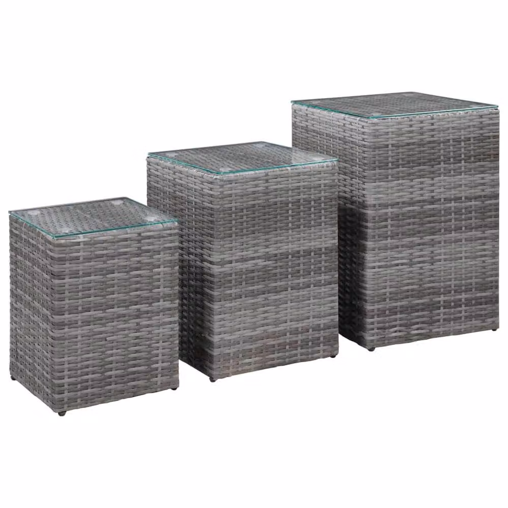 Berkfield Home Set of 3 Modern Square Side Tables with Glass Tops in Grey Poly Rattan – 2