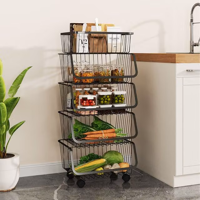 Komore Five-Tier Movable Metal Fruit and Vegetable Basket, Black