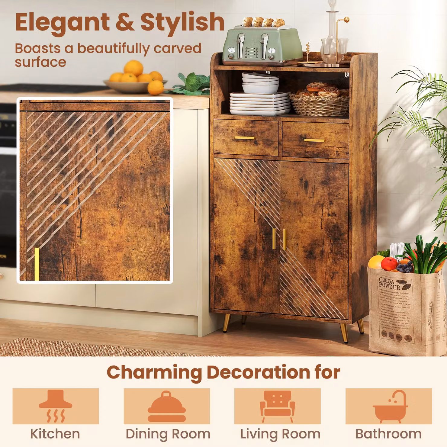 Gymax Freestanding Buffet Sideboard Kitchen Cabinet with 2 Doors and 2 Drawers in Brown – 9