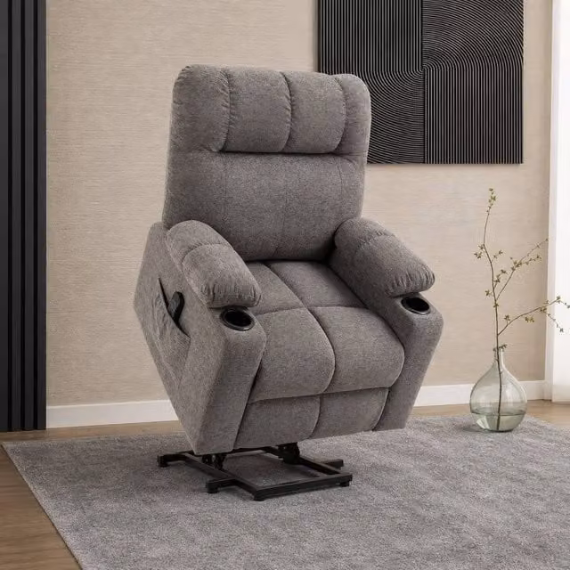 STILVORA Grey Fabric Power Lift Recliner Chair with Ottoman and Armrests