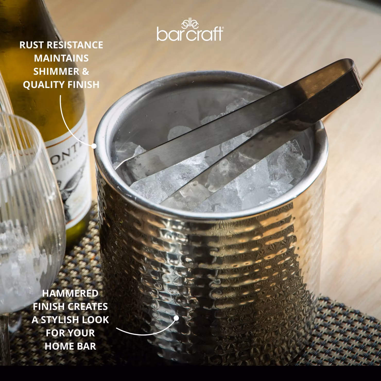 BarCraft Small Hammered Stainless Steel Ice Bucket with Lid and Tongs in Silver – 8