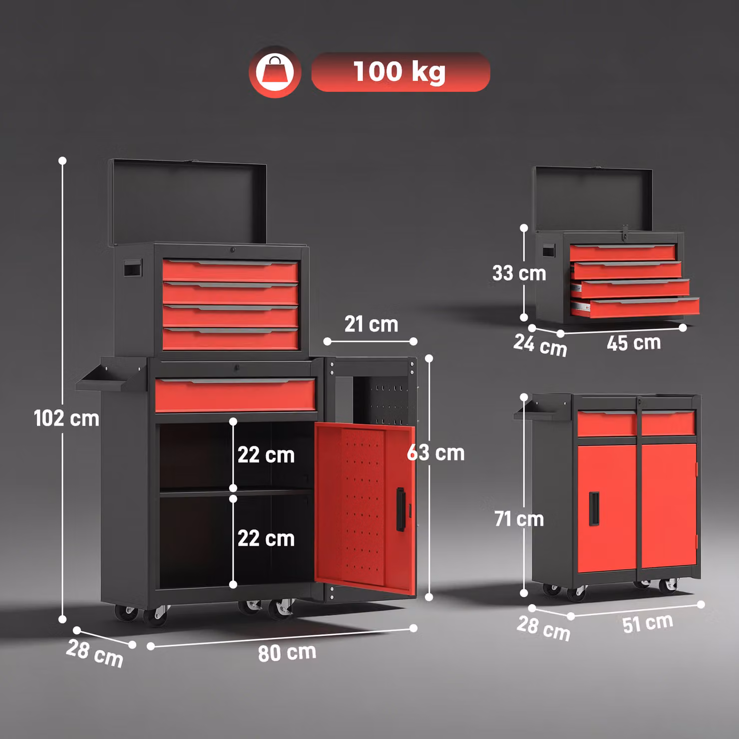 HOMCOM Red Steel Mobile Modular Tool Chest with 5 Drawers, Side Rack, Pegboard and Lock – 3