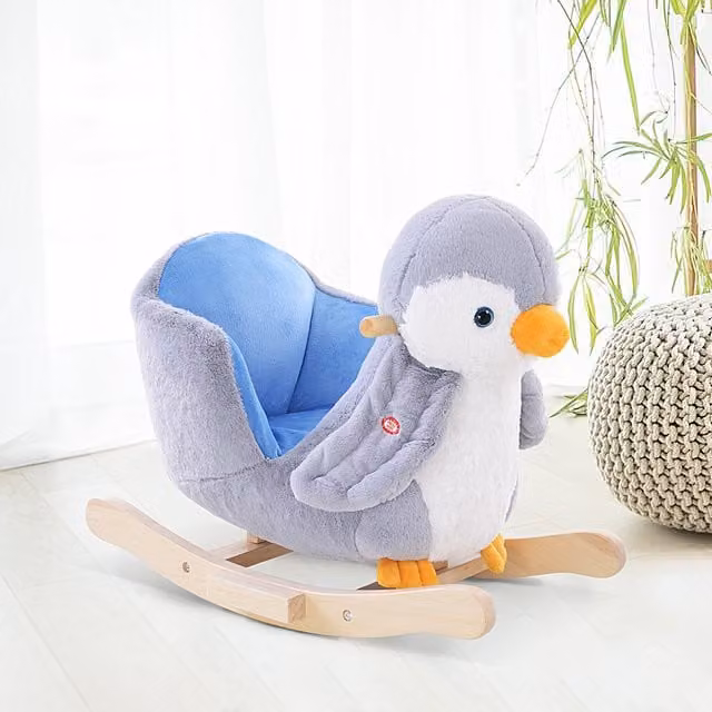 HOMCOM Penguin Plush Baby Rocking Horse with 32 Musical Songs and Wide Seat in Grey, White and Yellow