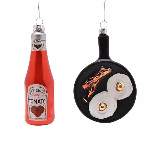 Widdop and Co Set of 2 Organic Glass Bacon, Eggs and Ketchup Hanging Christmas Tree Decorations in Silver