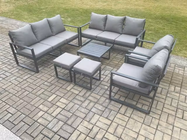 Fimous Modern Aluminium Garden Lounge Sofa Set in Dark Grey with Square Coffee Table, 2 Armchairs and 2 Ottomans