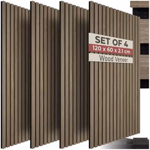 tectake Set of 4 Sound-Absorbing Acoustic Wall Panels with MDF and Wood Look in Brown, W/D/H: 120 x 60 x 2.1 cm