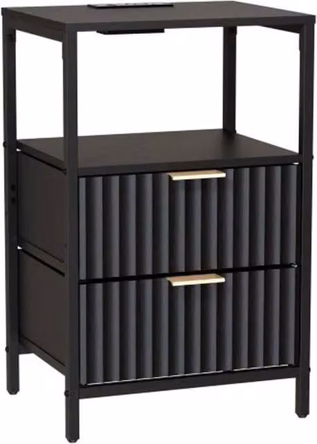 FORGEVIO Black Bedside Table with Charging Station and Media Compartments – 1