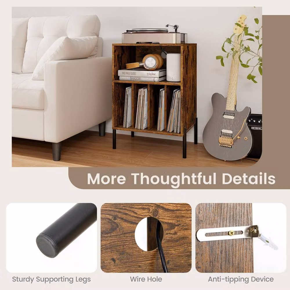 Costway Brown Wooden Vinyl Record Player Stand with Charging Station and Media Compartments – 3