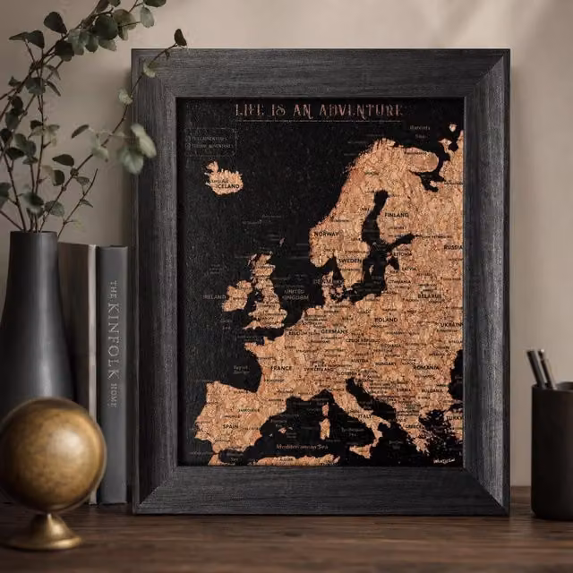 Splosh Europe Travel Map in Black and Multicolour with Cork and Wood Base