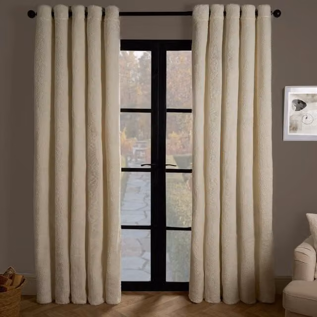 OHS Teddy Fleece Thermal Eyelet Curtains, Cream, Width: 168 cm, Drop: 229 cm – 1
