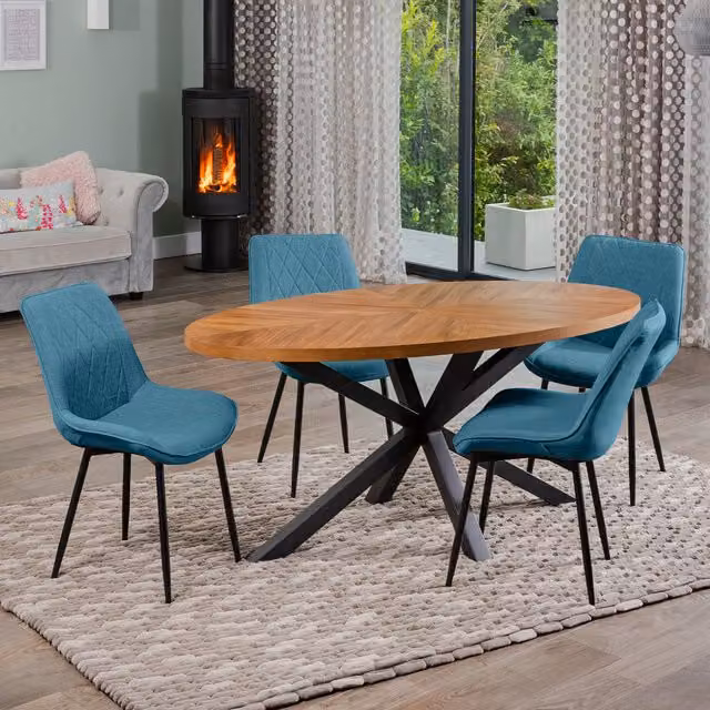 Artemis Home Dossena Oval Dining Table Set with 4 Bovino Fabric Chairs in Petrol
